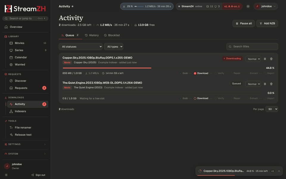 Activity queue: each download moves through grab, download, verify, repair, extract and import