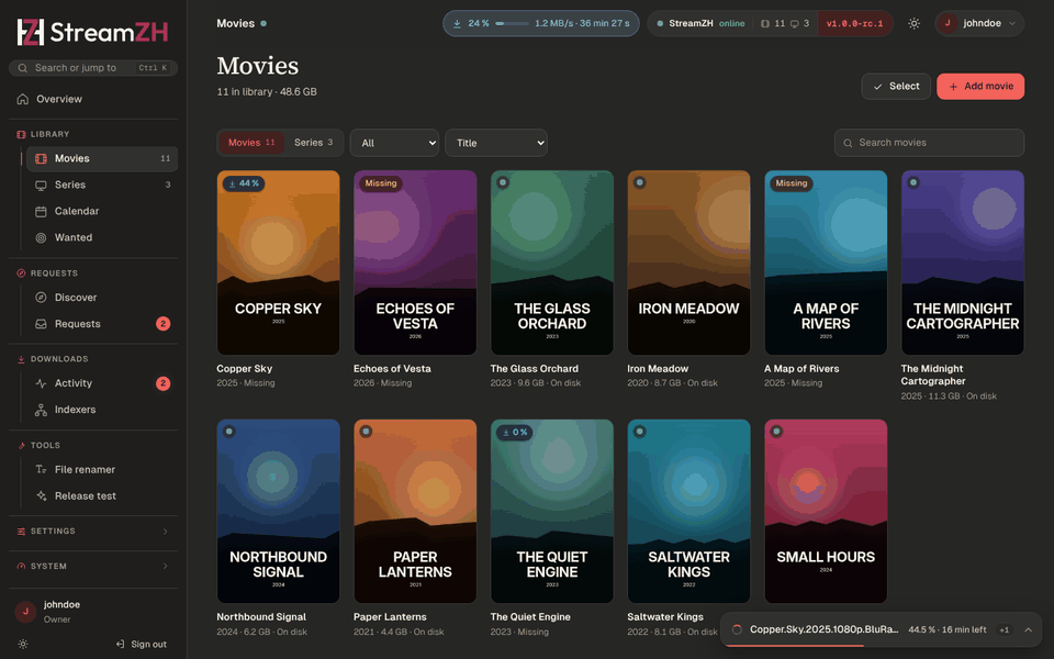 Library, Movies: a grid of posters with on-disk, missing and downloading badges