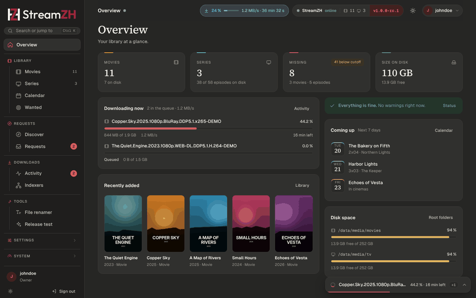 The StreamZH Overview: two downloads in the queue, library counts, recently added movies, the next seven days and disk space