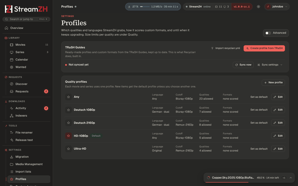 Settings, Profiles: TRaSH Guides sync and the five default quality profiles